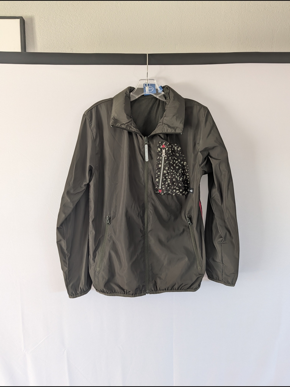 adidas Men's Olive Green Windbreaker with Patterned Chest Pocket